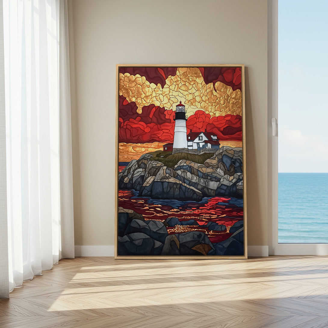 Framed Wall Art of a lighthouse, in a stained-glass style, with a red, gold, and blue color palette. Perfect coastal decor.