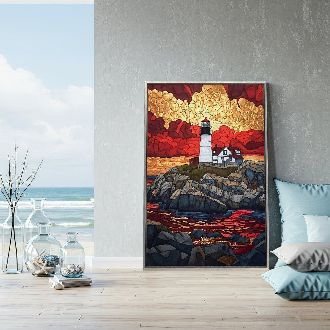 Framed Wall Art: Lighthouse canvas print with vibrant red & gold sunset. Coastal decor in a modern interior. Bring the sea home!