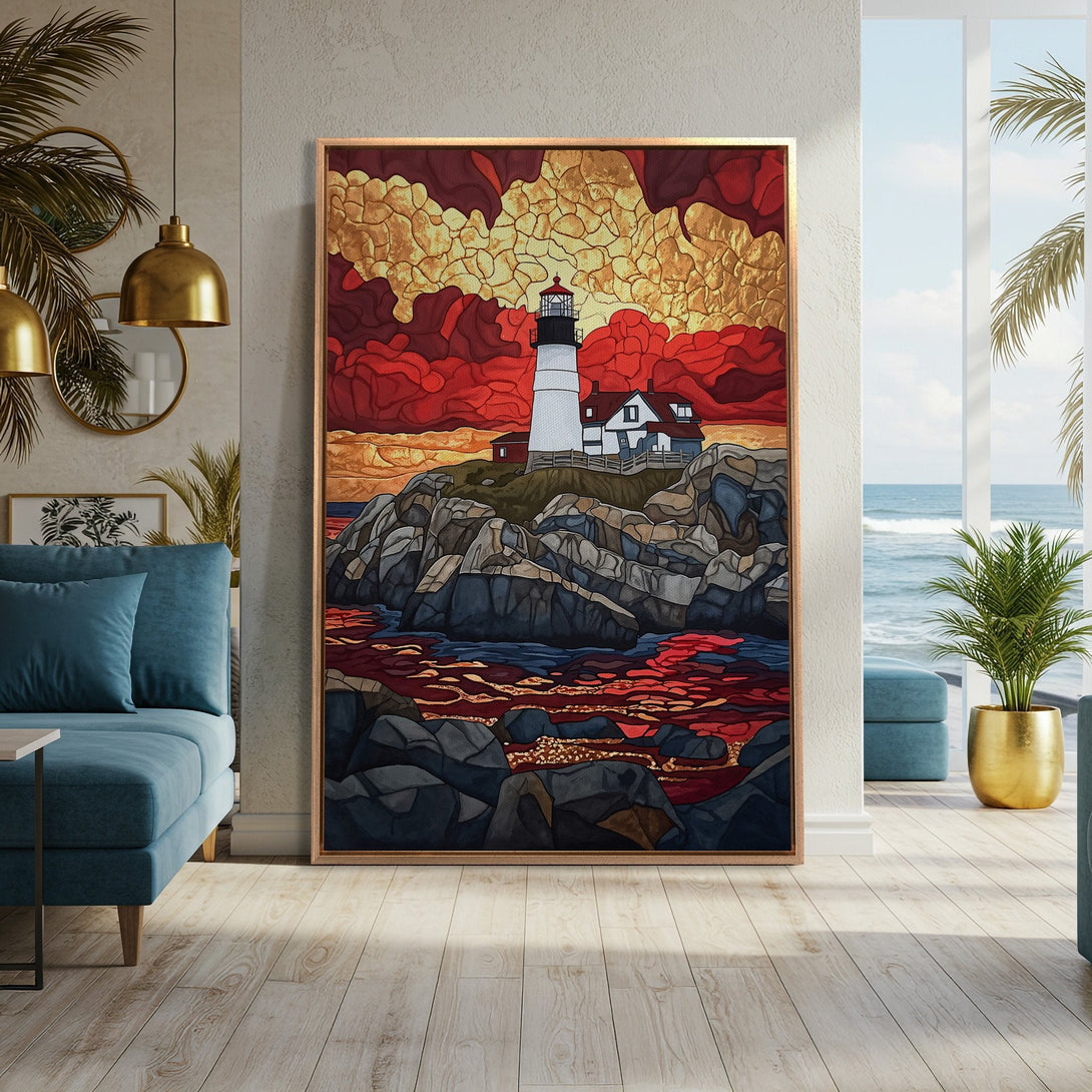 Framed Wall Art of a lighthouse at sunset. Vibrant red, gold, and blue color palette. Stylish coastal decor for a modern living room.