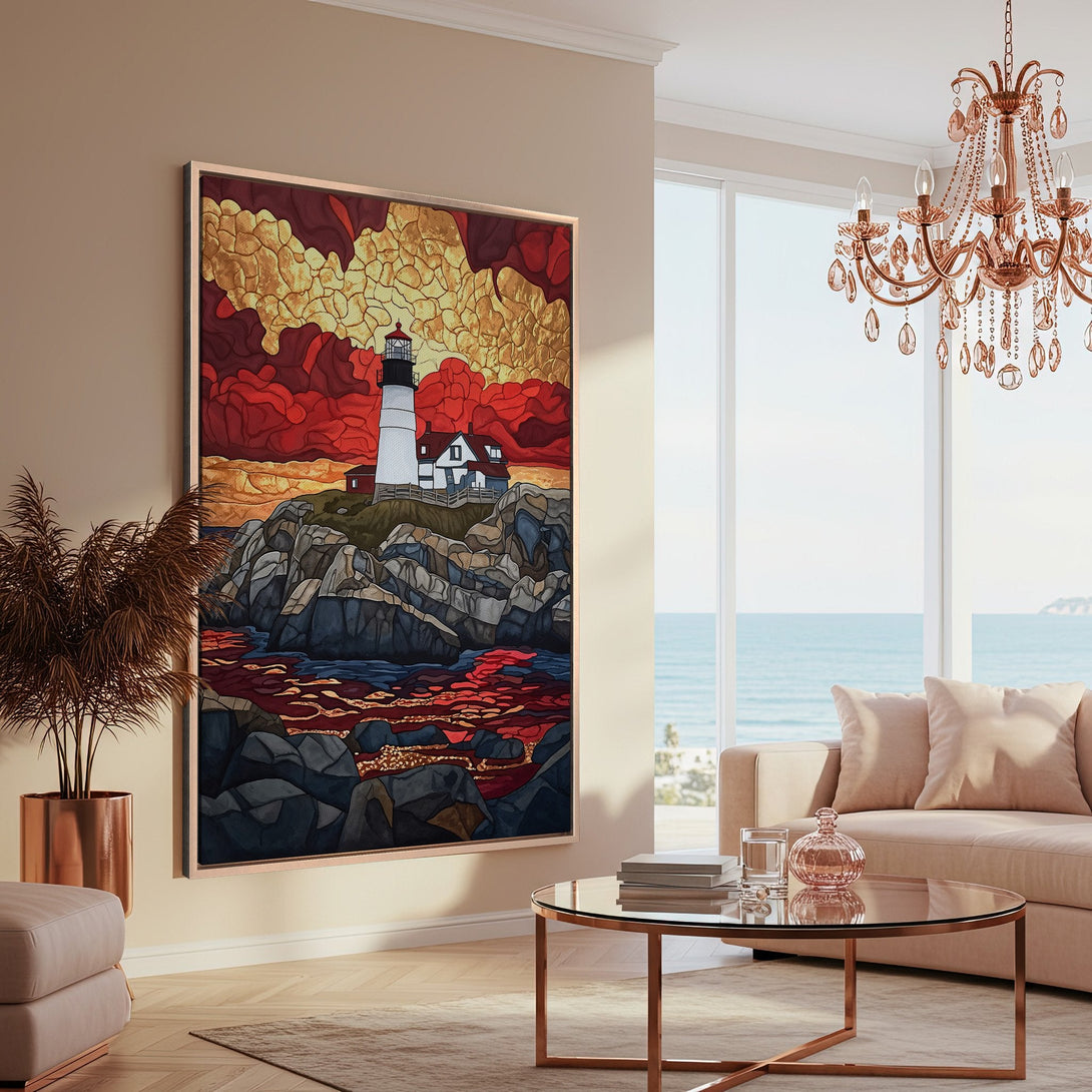 Framed Wall Art featuring a lighthouse landscape in a stained glass style. Warm red, gold, and blue color palette. Perfect coastal decor.