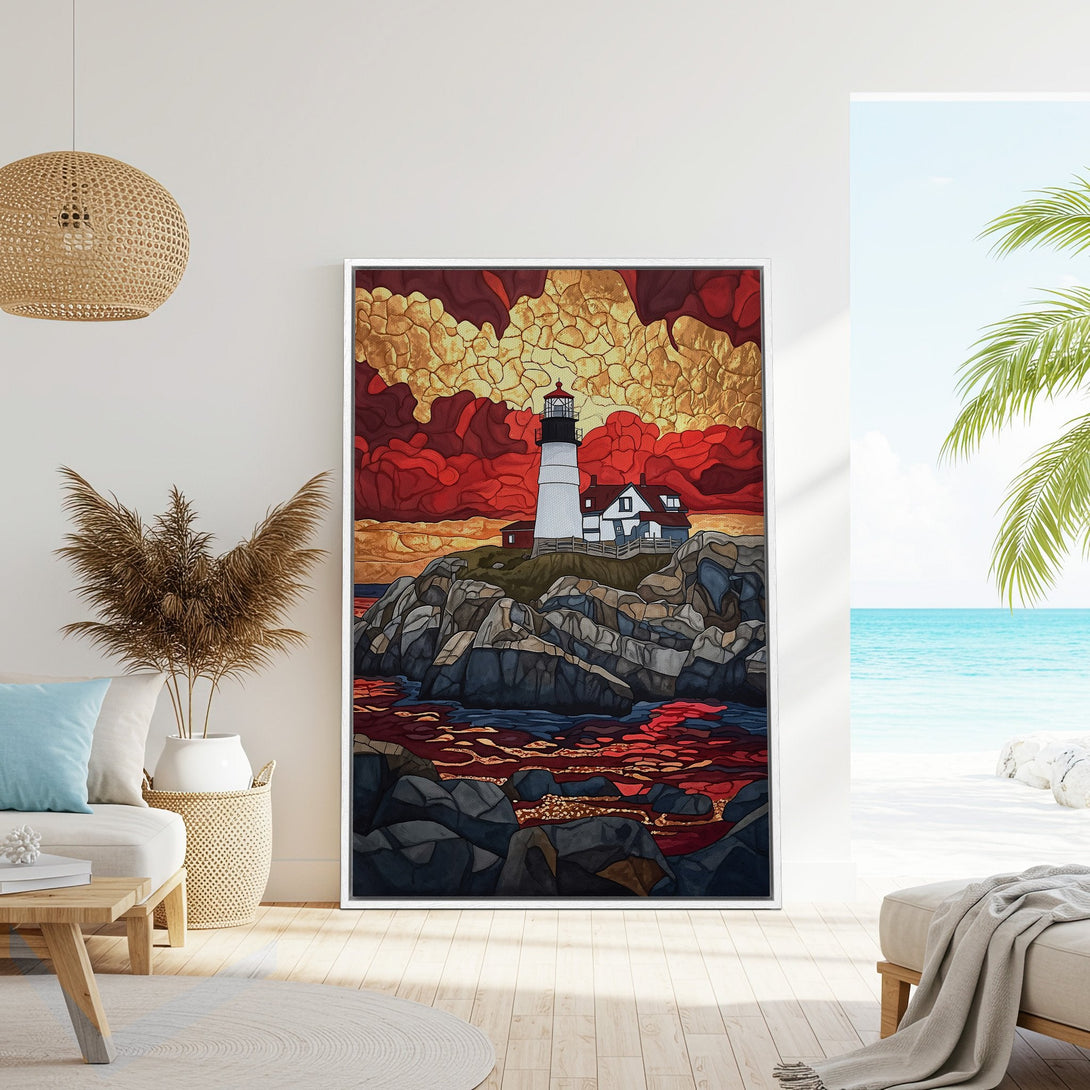 Framed Wall Art: Lighthouse painting in a stained glass style, featuring a dramatic red and gold sunset. Perfect coastal decor!