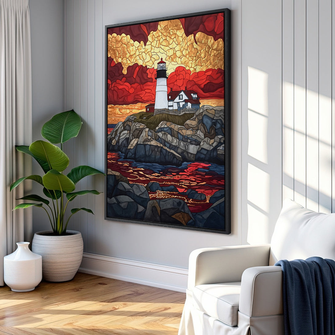 Framed Wall Art: Lighthouse Canvas Print in a stained glass style. Features a coastal scene with red, gold, and blue hues. Perfect for adding art to your home!