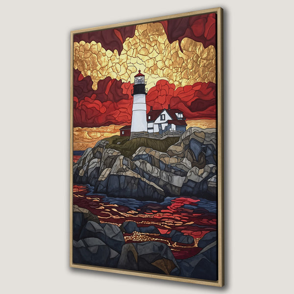 Framed Wall Art featuring a lighthouse painting in a stained-glass style with a warm red, gold, and blue color palette. Perfect coastal decor!
