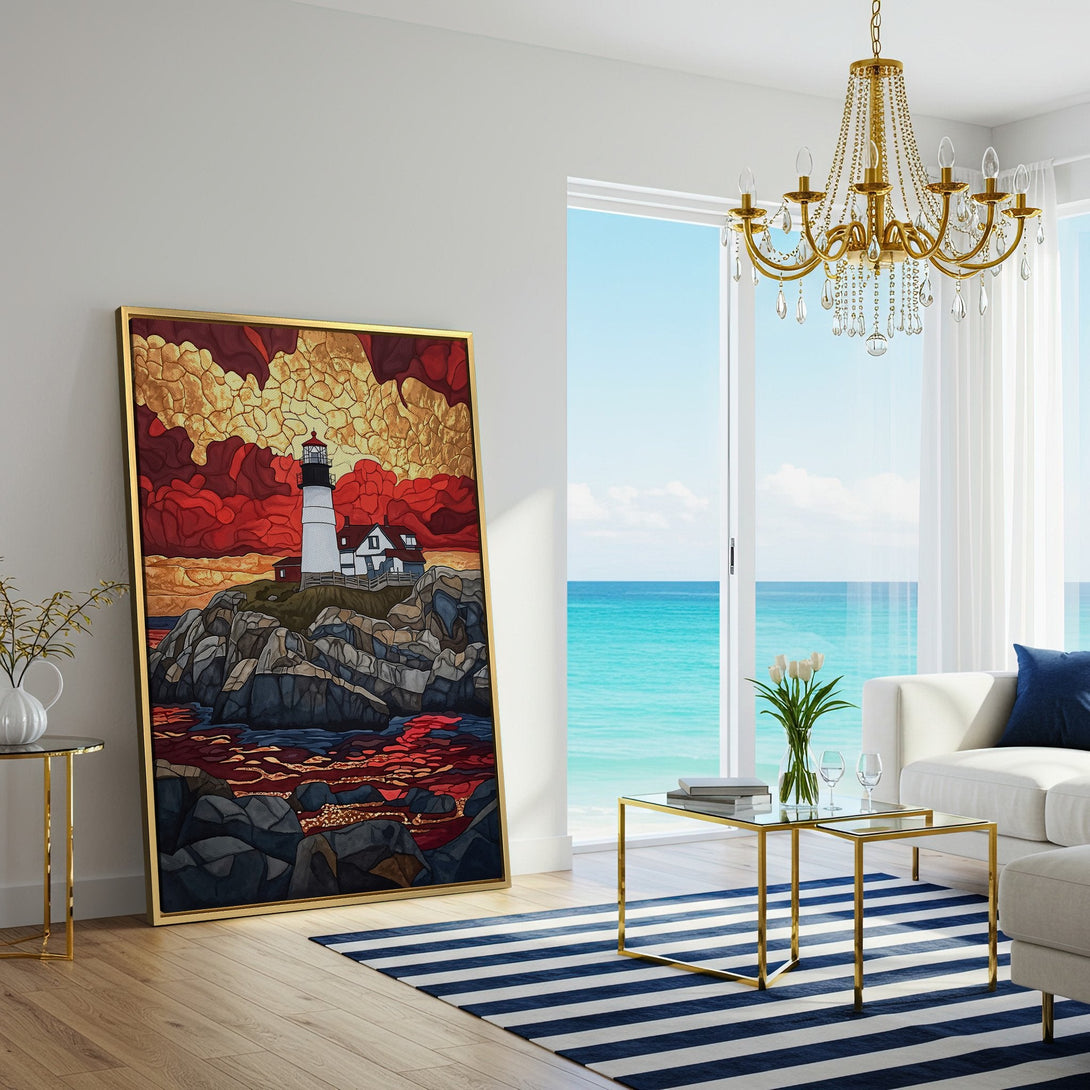 Canvas Print: Lighthouse art in a stained-glass style, featuring red, gold, and blue hues. Perfect for coastal decor and adding a pop of color.