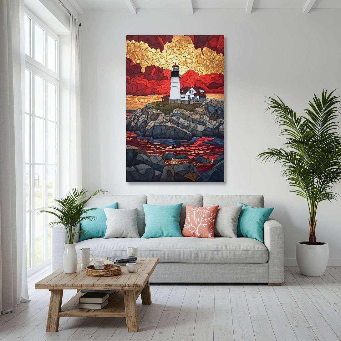 Framed Wall Art: Lighthouse Canvas Print in a coastal interior. Features a vibrant red, gold, and blue color palette. Perfect for adding a touch of art to your home!