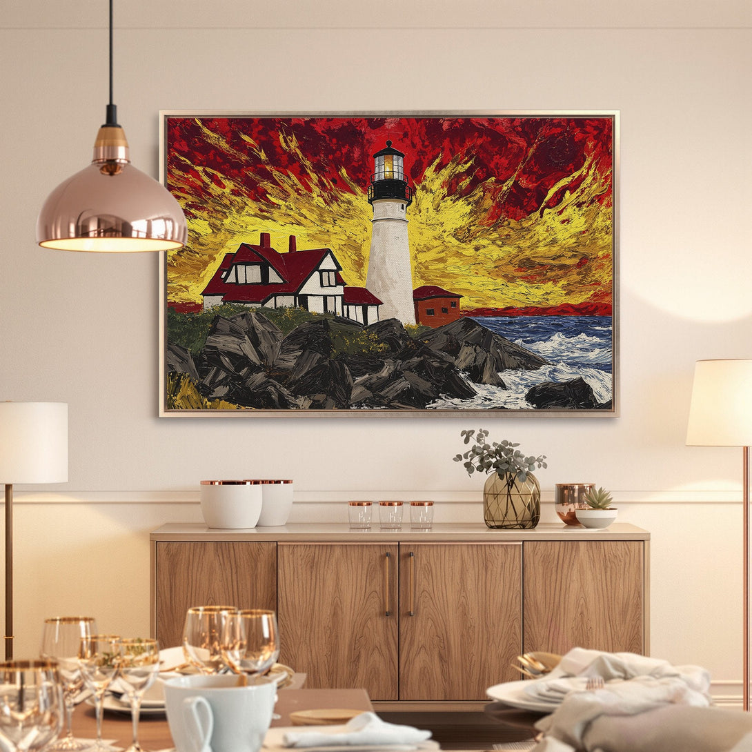Framed Wall Art: Lighthouse painting with vibrant red, yellow, and blue hues. Coastal art in a dining room. Add a pop of color to your home!