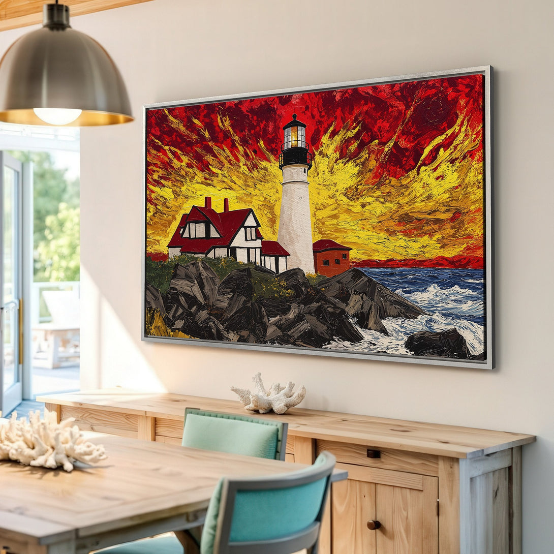 Framed Wall Art: Lighthouse painting with fiery sunset. Bold brushstrokes in red, yellow, and blue. Coastal art for a dramatic interior.