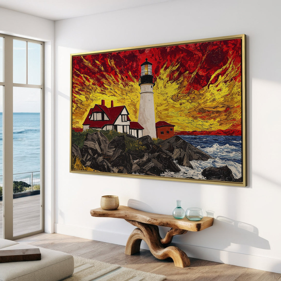 Canvas Print of a lighthouse painting with a vibrant red and yellow sky. Coastal artwork with a bold, expressive style.