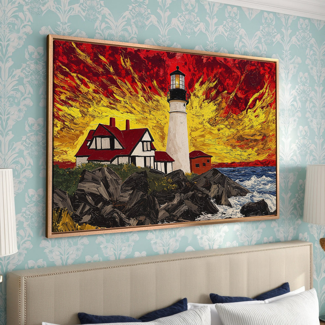 Framed Wall Art: Lighthouse painting in vibrant red, yellow, and white. Adds coastal charm to any room. Perfect for a bedroom or living space.