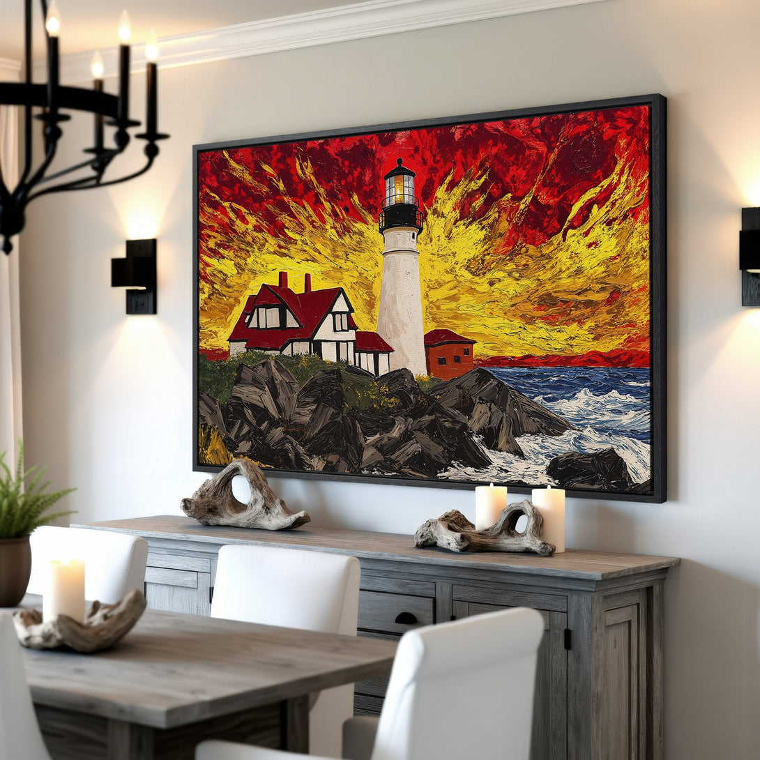 Framed Wall Art of a lighthouse, vibrant red and yellow sunset. Coastal art print, perfect for adding a pop of color to your home decor.