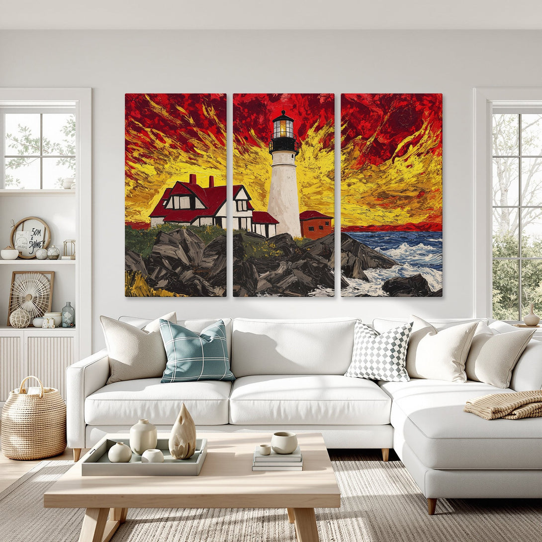 Canvas Print of a lighthouse painting in a vibrant red and yellow palette. Coastal art for a modern living room.