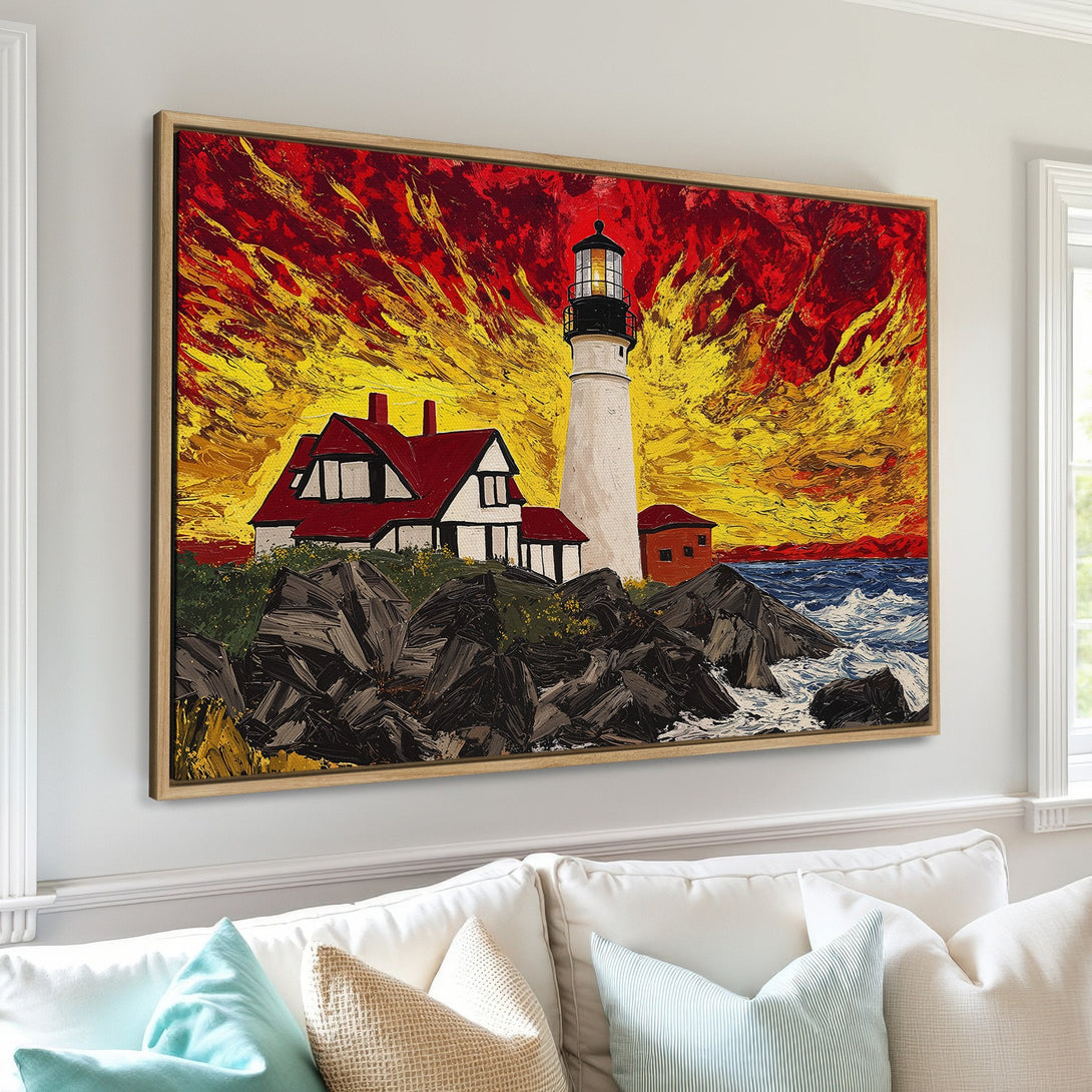 Framed Wall Art of a lighthouse painting with vibrant red, yellow, and blue hues. Impasto style art adds a bold statement to any space.