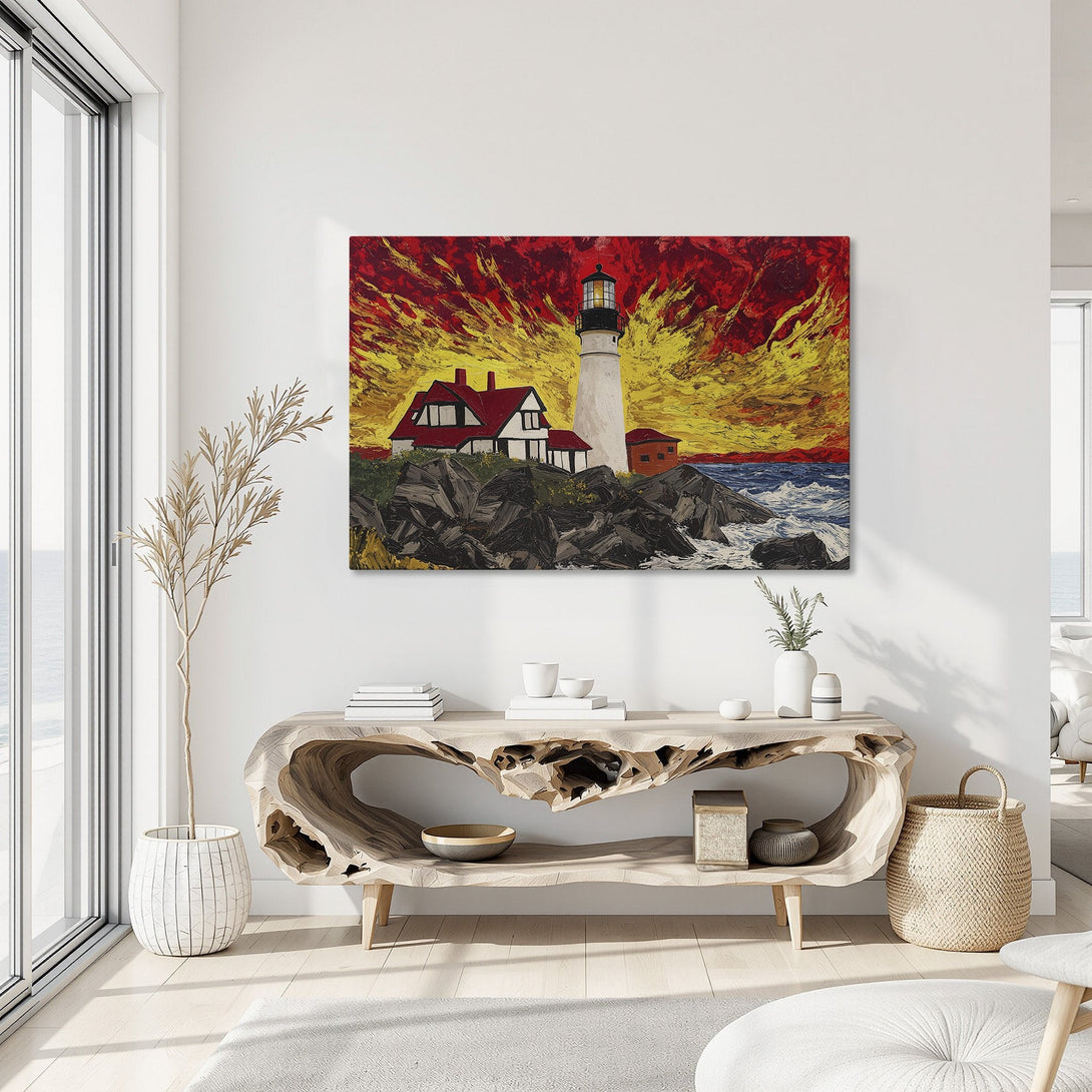 Framed Wall Art: Lighthouse painting with fiery sunset. Bold brushstrokes and vibrant red, yellow, and blue palette. Coastal art for a modern interior.