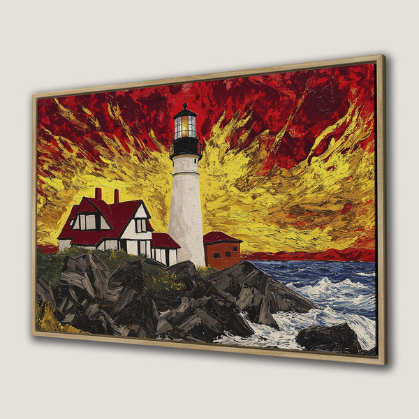 Framed Wall Art: Lighthouse painting with vibrant red, yellow, and blue color palette. Impasto style canvas print for bold coastal decor.