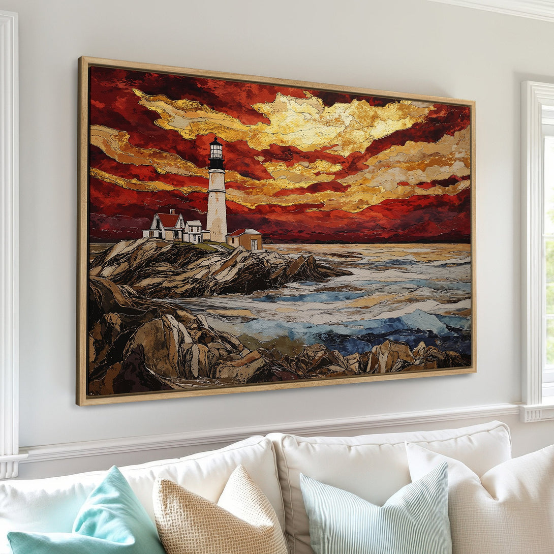 Framed Wall Art: Lighthouse painting with a dramatic red and gold sunset. Coastal art in a modern style, perfect for home decor.