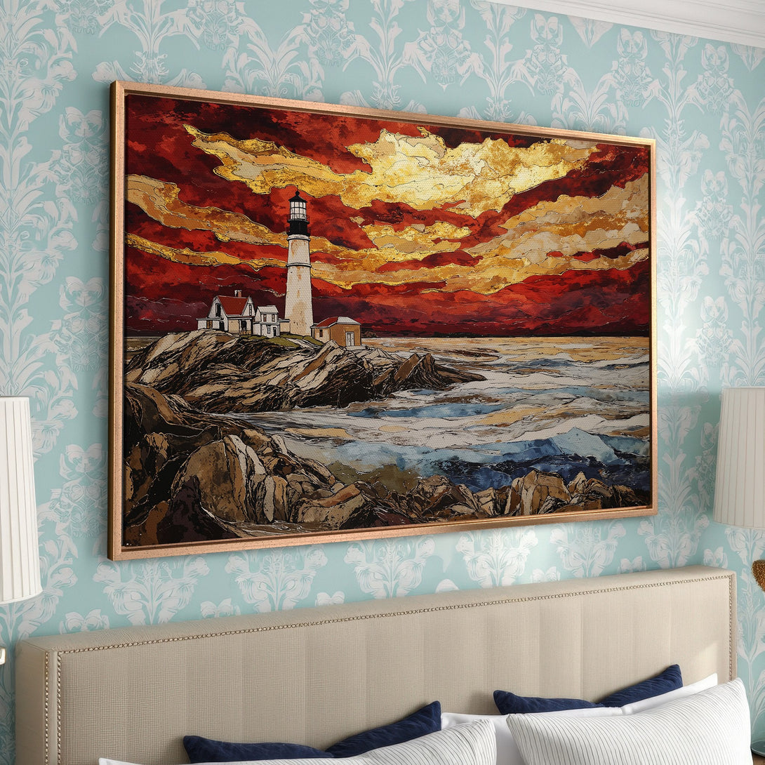 Framed Wall Art: Lighthouse painting with fiery red and gold sky. Coastal artwork in warm tones, perfect for bedroom decor.