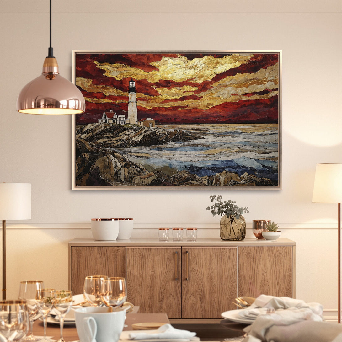 Framed Wall Art featuring a lighthouse painting in a bold, textured style with a warm red and gold color palette. Perfect for coastal decor.