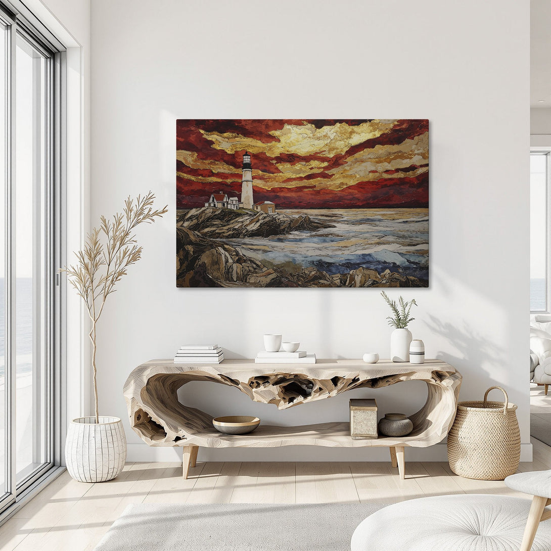 Framed Wall Art: Lighthouse painting with a dramatic red and gold sky. Coastal artwork in a modern interior, perfect for adding a touch of elegance.