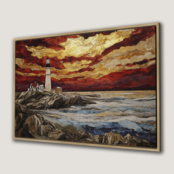 Framed Wall Art: Coastal lighthouse painting with dramatic red and gold sunset. Textured artwork in warm, inviting colors. Perfect for home decor.