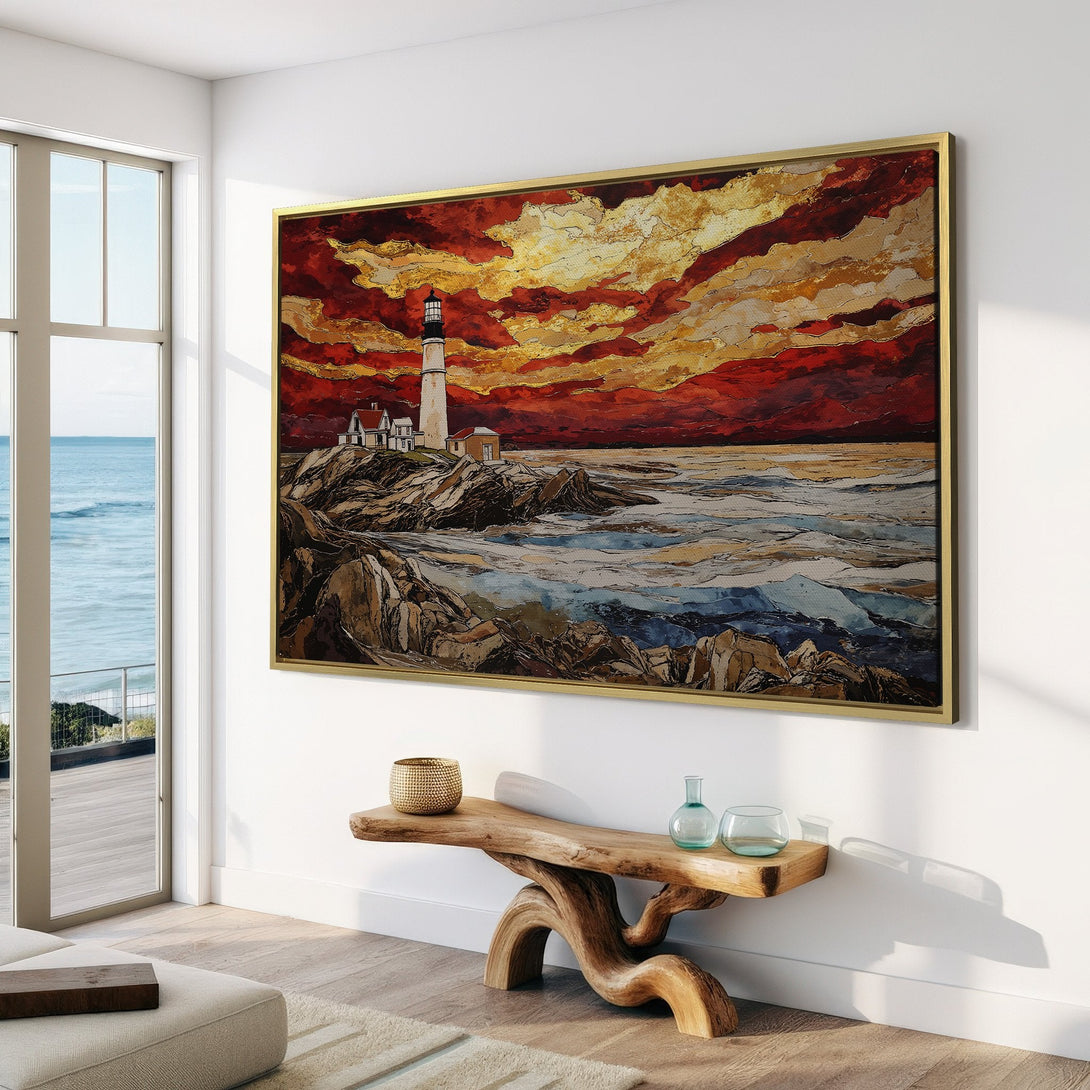 Canvas Print of a lighthouse painting in a modern interior. Dramatic red, gold, and blue color palette. Coastal art for your home.