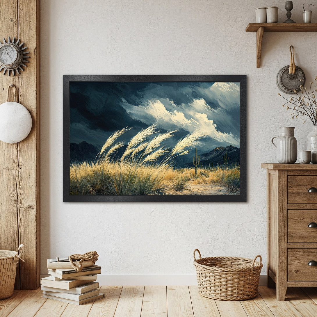 Framed Poster: Desert landscape art print with moody sky & warm earth tones. Perfect wall decor for a rustic home.