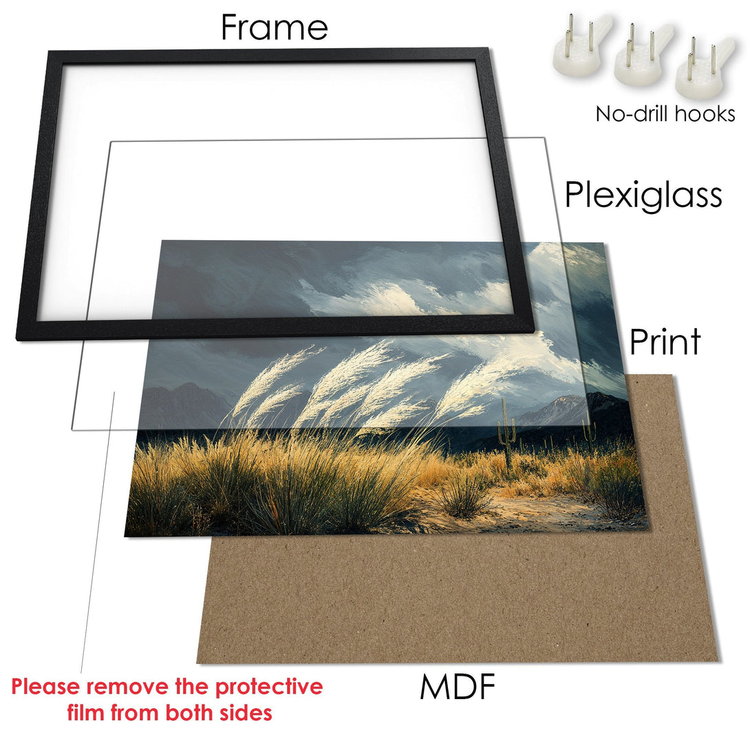 Framed Poster of a desert landscape with a blue and gold color palette. Modern art print for home decor.