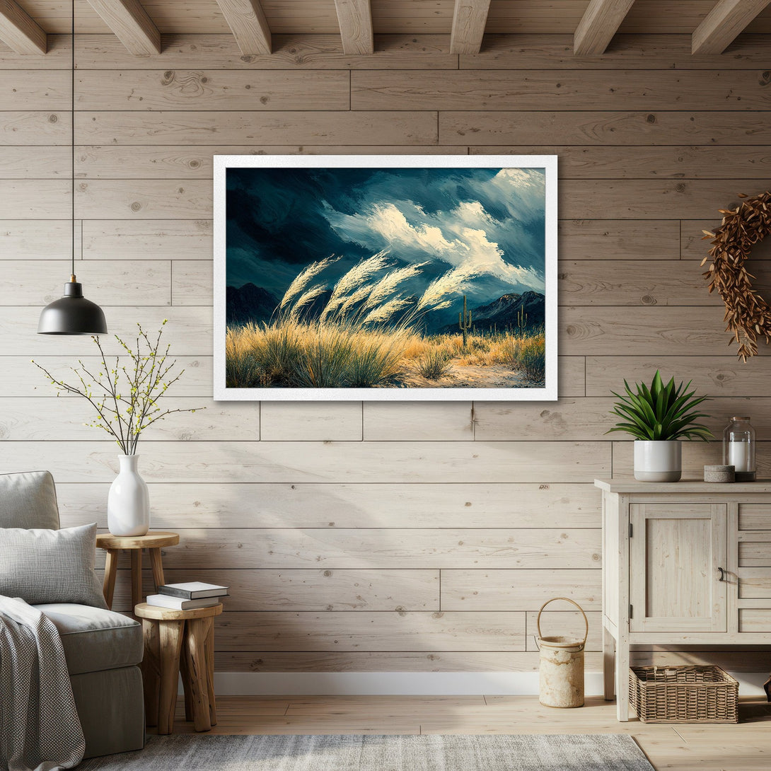 Framed Poster of a desert landscape with expressive brushstrokes, featuring a blue and gold color palette. Perfect wall art!