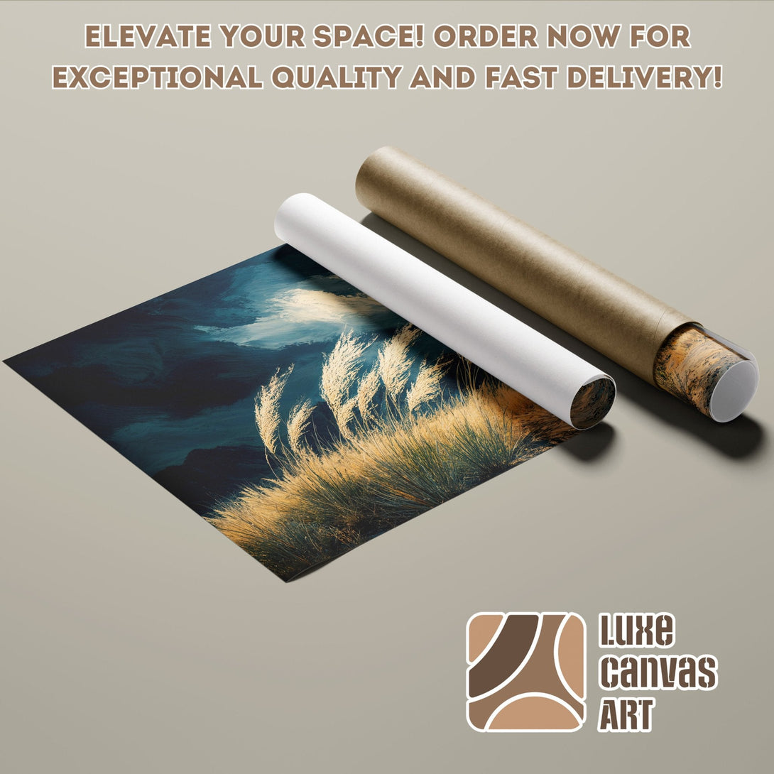 Poster Roll featuring abstract landscape art in blue and gold tones. Elevate your space!