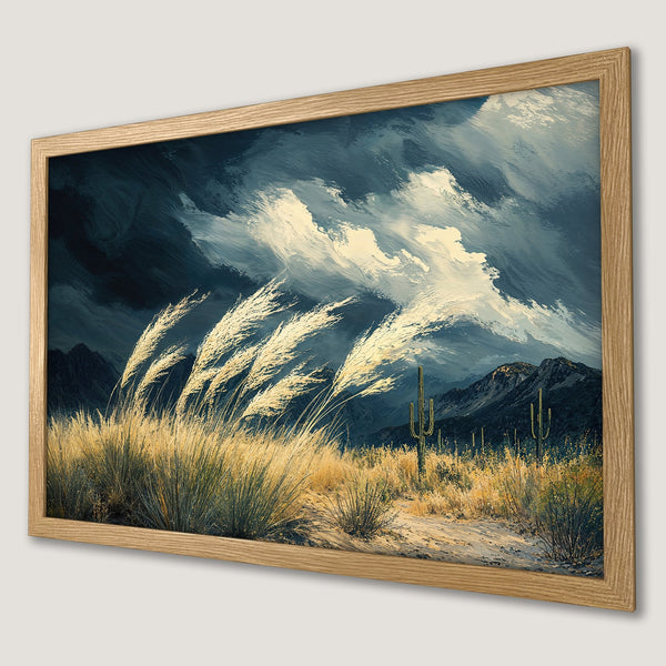 Framed Poster of a desert landscape in a painterly style, featuring a moody blue & gold color palette.