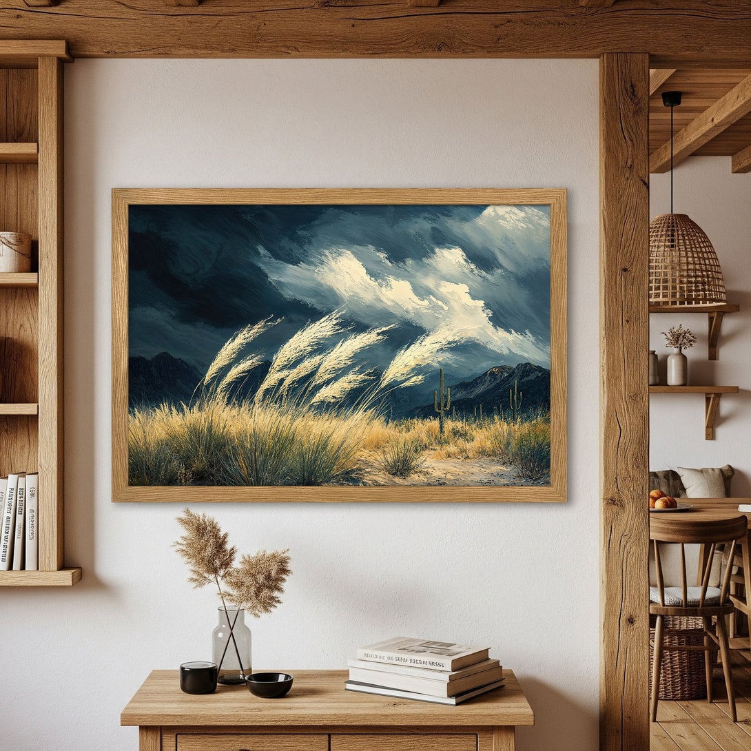 Framed Poster of a desert landscape painting. Dramatic sky, warm neutral tones, and expressive brushstrokes. Add art to your home!