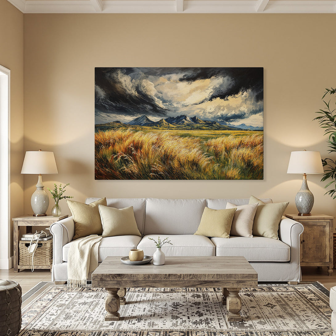 Framed Wall Art: Dramatic landscape Canvas Print with mountains, stormy sky, and golden field. Earthy tones create a stunning focal point for any room.