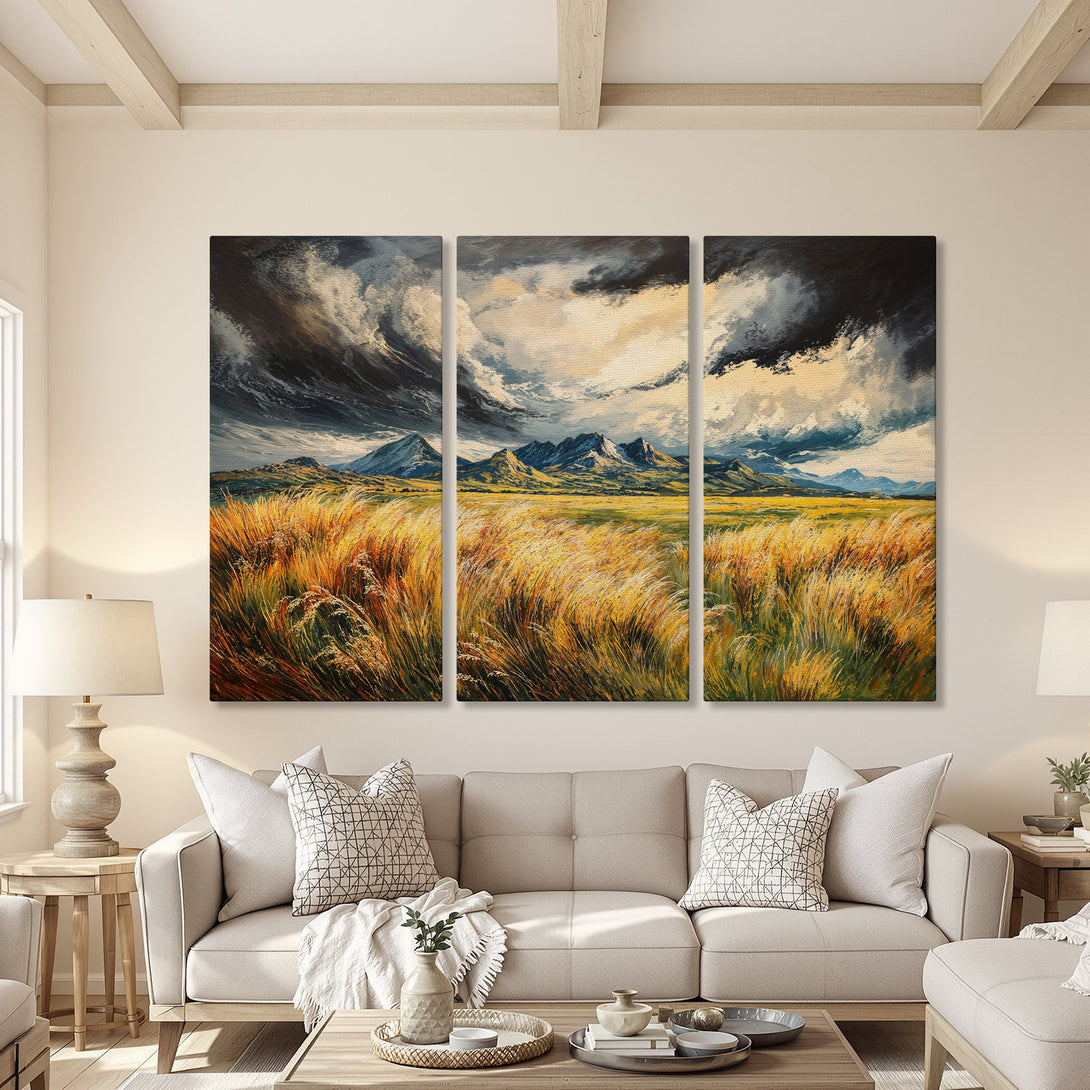Canvas Print: Dramatic landscape art with mountains, stormy skies, and golden fields. Earthy tones of gold, blue, and brown. Perfect for modern home decor.