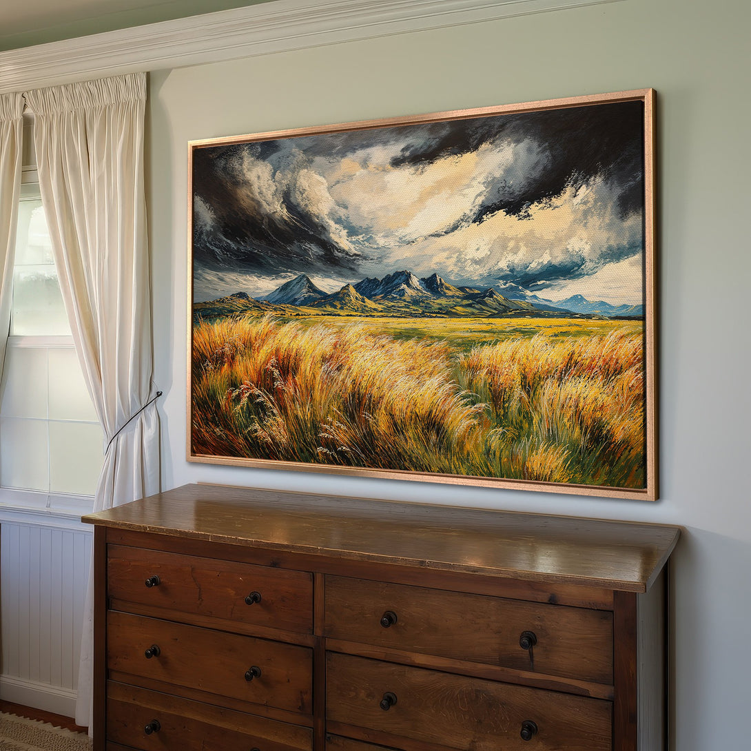 Framed Wall Art: Landscape Canvas Print with mountains and golden fields. Earthy color palette, dramatic sky. Perfect for living room decor.