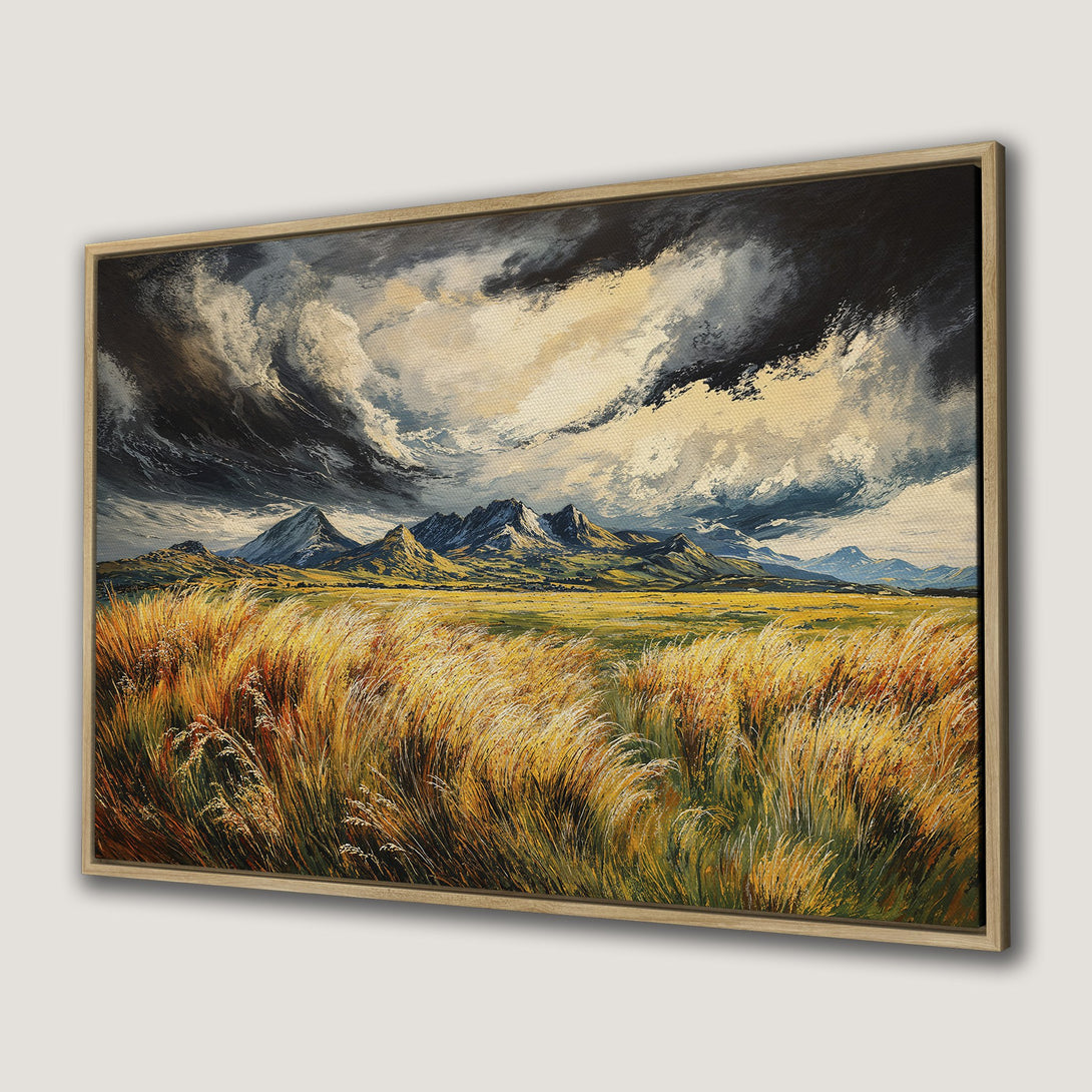 Framed Wall Art: Dramatic landscape Canvas Print featuring mountains, stormy skies, and golden fields. Earthy color palette perfect for home decor.
