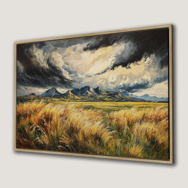 Framed Wall Art: Dramatic landscape Canvas Print featuring mountains, stormy skies, and golden fields. Earthy color palette perfect for home decor.