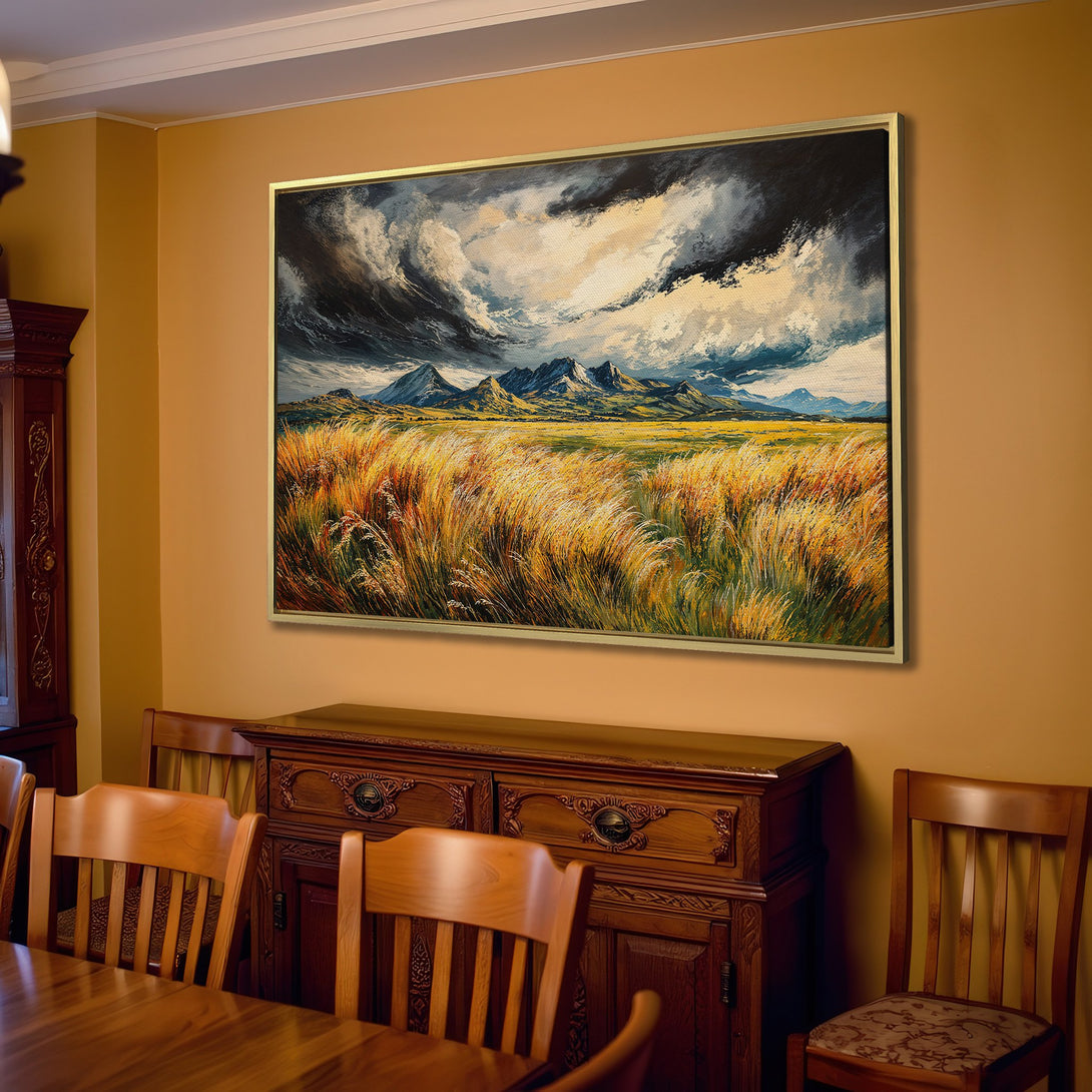 Canvas Print of a dramatic landscape painting with mountains and stormy skies. Warm, earthy tones create a cozy, inviting interior.