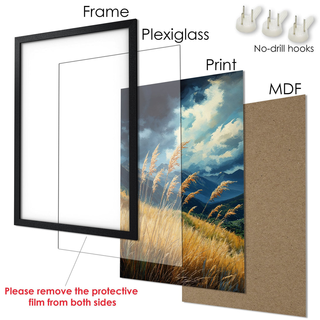 Framed Poster featuring a landscape scene with golden grass and blue sky. Artistic style, warm color palette. Perfect wall art!