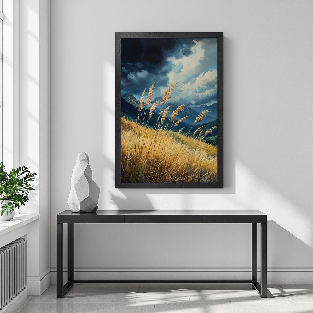 Framed Poster: Landscape art print with moody sky, golden grass, and mountain range in a blue, gold, and gray palette. Perfect wall decor!