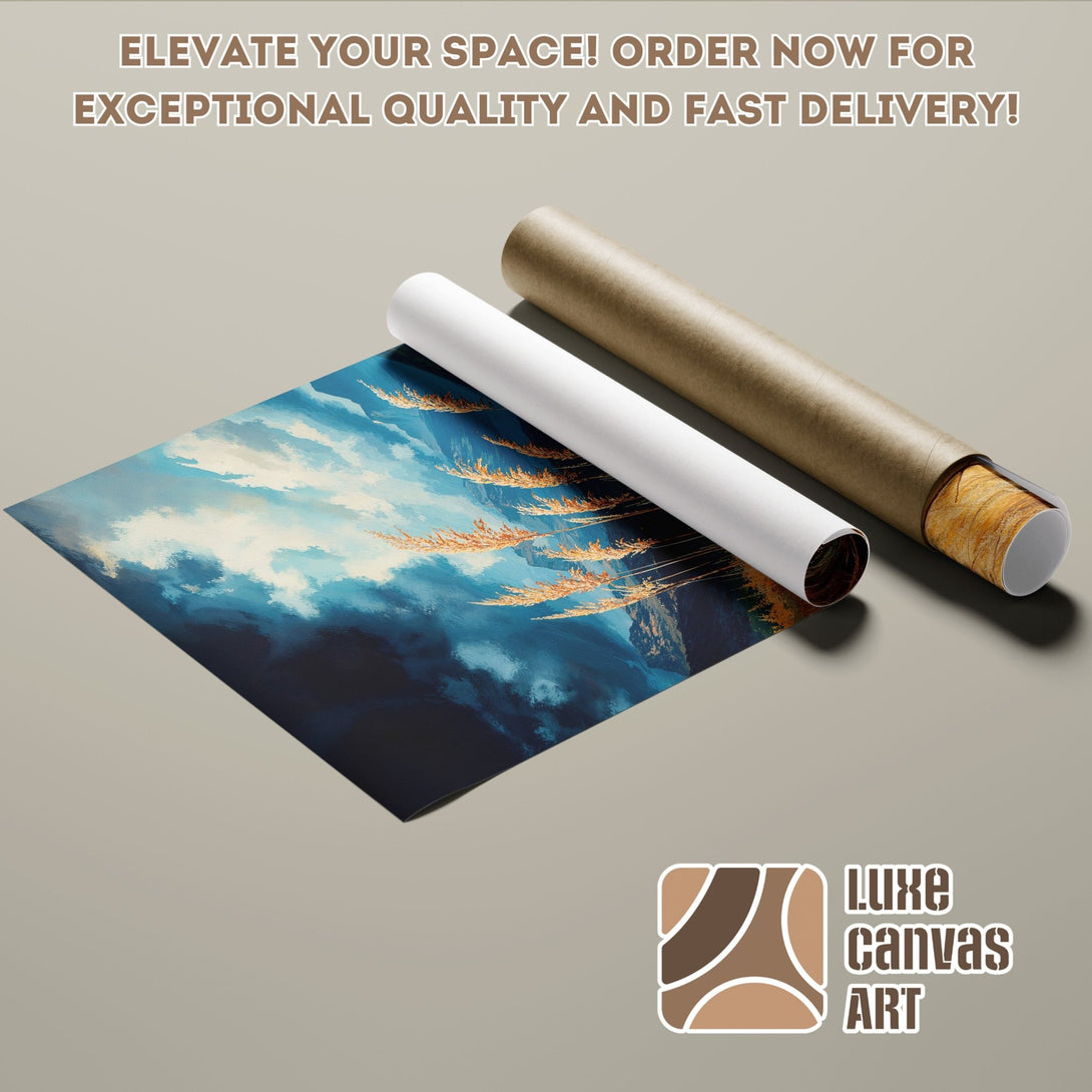 Poster Roll with abstract landscape art in blue and gold tones. Elevate your space with Luxe Canvas Art!