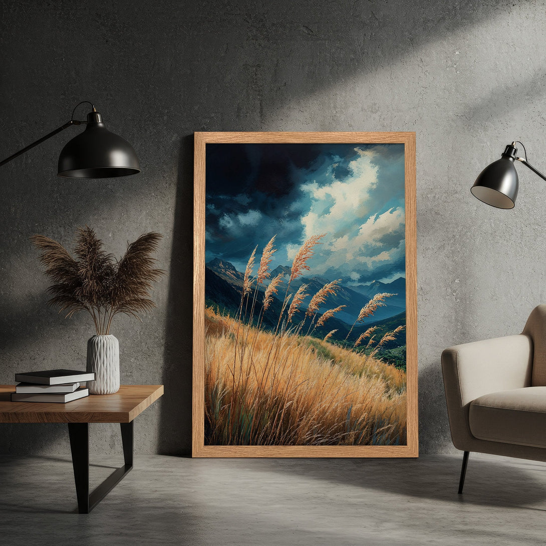 Framed Poster of a serene landscape with golden grass, mountains, and dramatic sky. Earthy tones and a touch of blue. Perfect wall art!