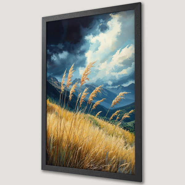 Framed Poster featuring a landscape with golden grass, mountains, and dramatic sky in a blue and yellow palette.