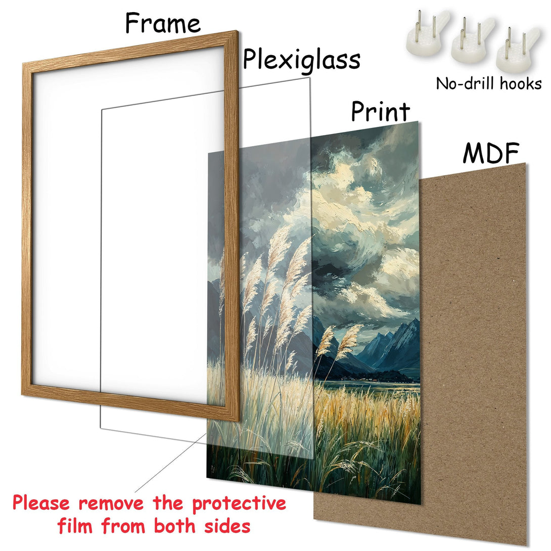 Framed Poster with landscape art. Features a serene nature scene in a muted, earthy color palette. Perfect wall decor!