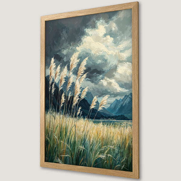 Framed Poster of a serene landscape with tall grass, mountains, and dramatic clouds. Artistic style with a cool, muted color palette.