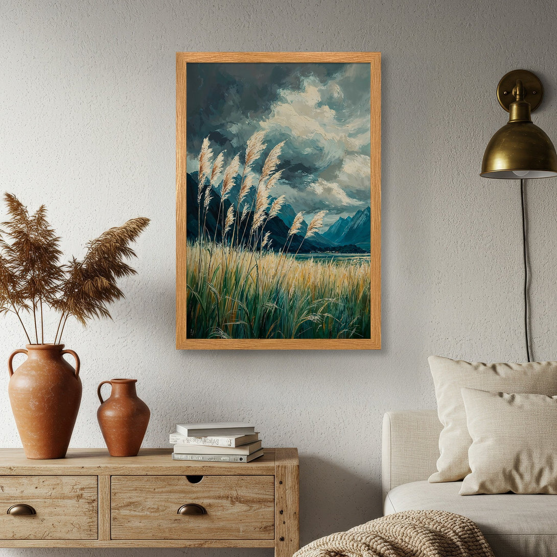 Framed Poster featuring a serene landscape with tall grass and mountains in a cool, calming blue and green palette. Add art to your home!