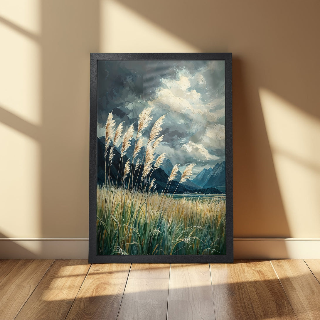 Framed Poster featuring a landscape painting of tall grass, mountains, and cloudy sky. Artistic style with a cool blue and green color palette.
