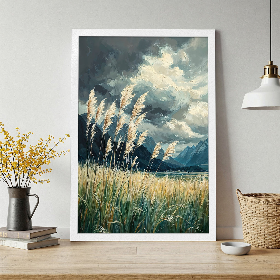 Framed Poster of a landscape painting with tall grass, mountains, and a dramatic sky. Impressionistic style, cool blue and green palette.