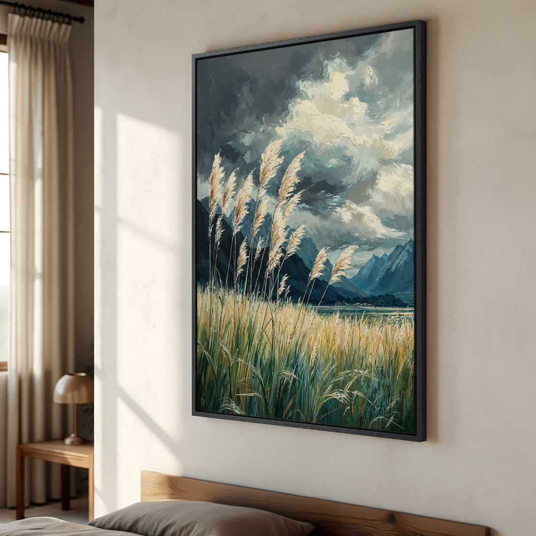 Framed Wall Art: Dramatic landscape Canvas Print featuring tall grass, mountains, and moody skies in a calming blue, green, and beige palette. Perfect for any room!