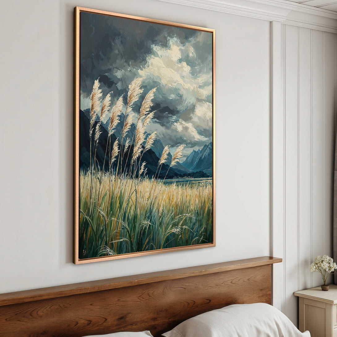 Framed Wall Art: Landscape Canvas Print with moody sky, reeds, and mountains. Earthy tones of blue, green, and beige. Perfect for bedroom decor.