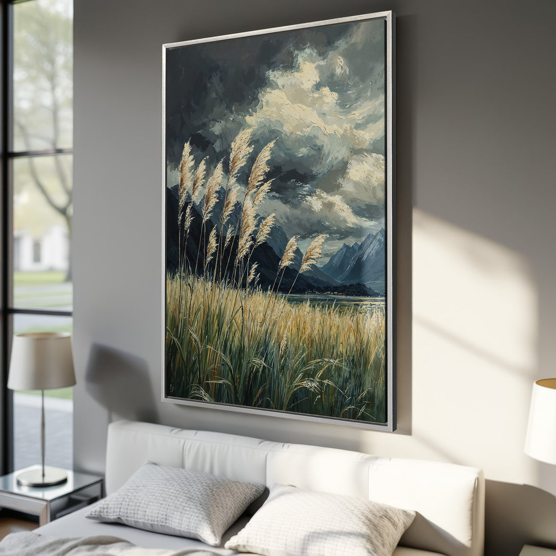 Framed Wall Art featuring a landscape painting of reeds and mountains in a moody, impressionistic style with a cool, muted color palette. Perfect for any room!