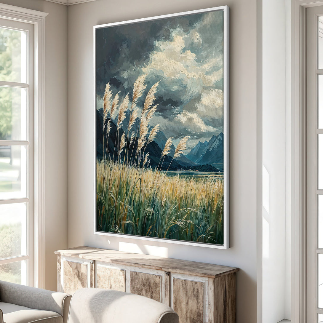 Framed Wall Art: Impressionist landscape Canvas Print with reeds, mountains, and moody sky. Features a calming palette of blues, greens, and golds. Perfect for home decor.